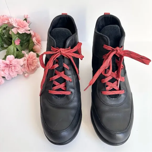 SOREL Evie Sport Lace Black Red Suede Leather Waterproof Sneaker Wedge Booties
