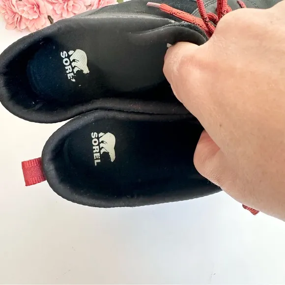 SOREL Evie Sport Lace Black Red Suede Leather Waterproof Sneaker Wedge Booties