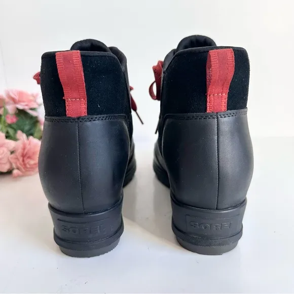 SOREL Evie Sport Lace Black Red Suede Leather Waterproof Sneaker Wedge Booties