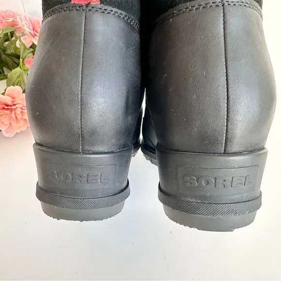 SOREL Evie Sport Lace Black Red Suede Leather Waterproof Sneaker Wedge Booties