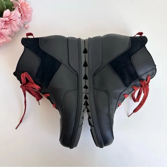 SOREL Evie Sport Lace Black Red Suede Leather Waterproof Sneaker Wedge Booties
