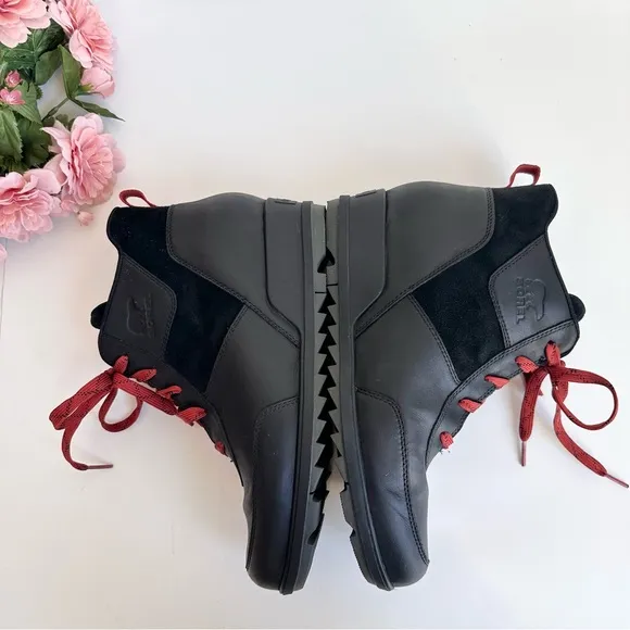 SOREL Evie Sport Lace Black Red Suede Leather Waterproof Sneaker Wedge Booties