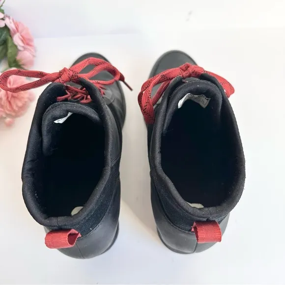SOREL Evie Sport Lace Black Red Suede Leather Waterproof Sneaker Wedge Booties