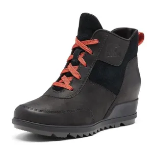 SOREL Evie Sport Lace Black Red Suede Leather Waterproof Sneaker Wedge Booties