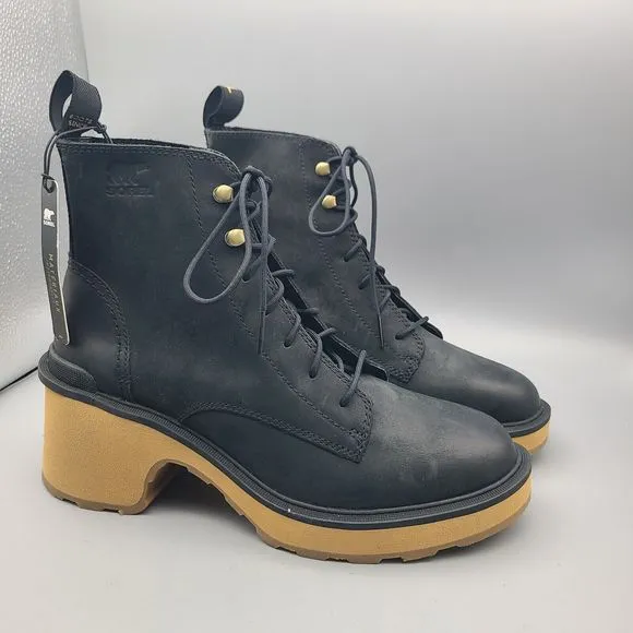 Sorel Hi-line Ankle Boots Combat Heel Platform Lace Up black  size 9 New
