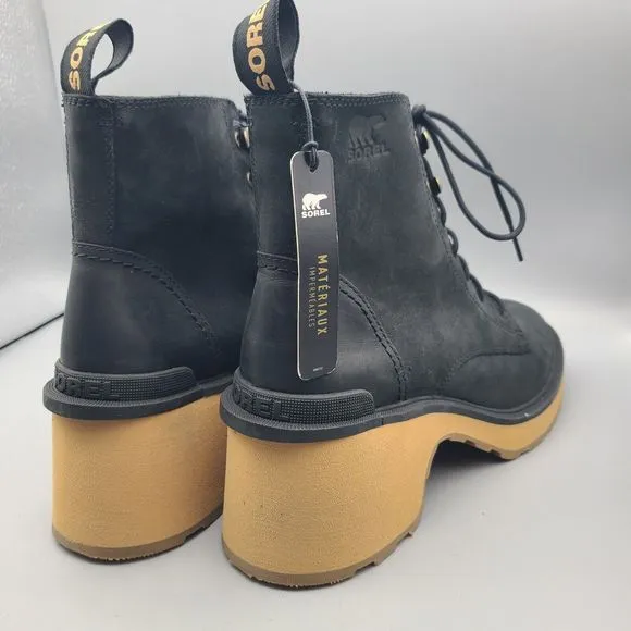 Sorel Hi-line Ankle Boots Combat Heel Platform Lace Up black  size 9 New
