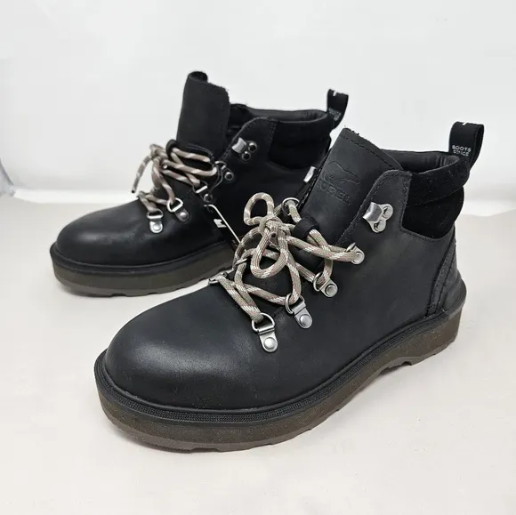 Sorel Hi-Line Waterproof Hiking Boots Sz 7.5 Muted Black Leather Lightweight