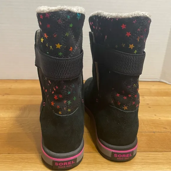 Sorel Rylee Waterproof Black Suede Rainbow Stars Boot