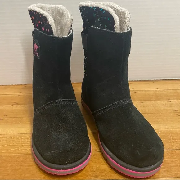 Sorel Rylee Waterproof Black Suede Rainbow Stars Boot