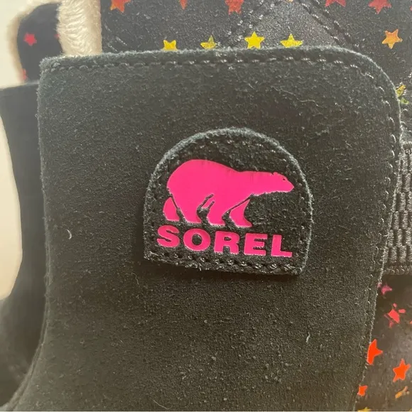 Sorel Rylee Waterproof Black Suede Rainbow Stars Boot