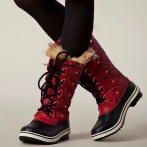 Sorel Tofino Waterproof Boots Fur Trim Red Size 7