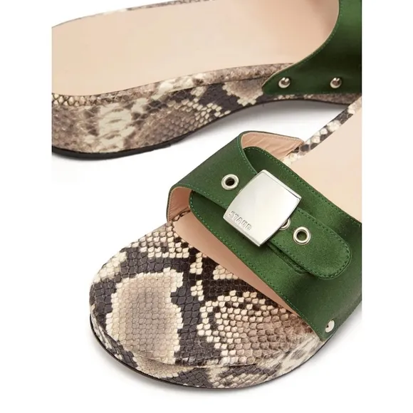 STAUD Erin Python-Effect Leather Slides Cream Snake Dark Green Size US 9
