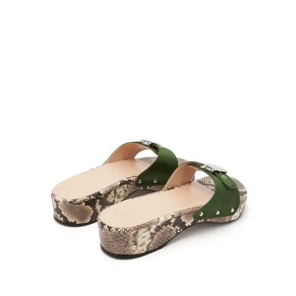 STAUD Erin Python-Effect Leather Slides Cream Snake Dark Green Size US 9
