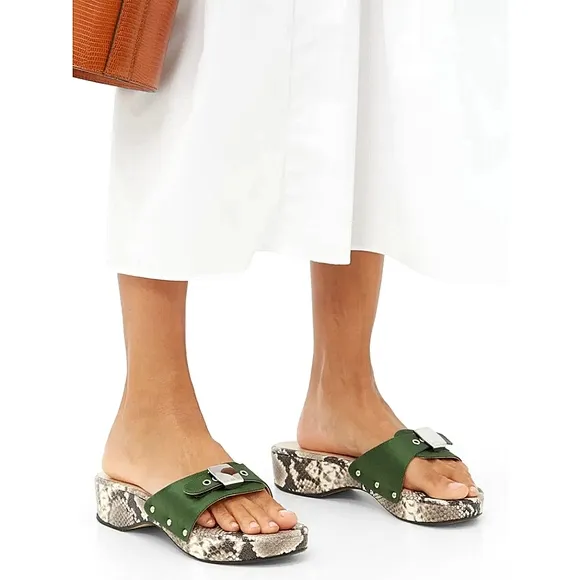 STAUD Erin Python-Effect Leather Slides Cream Snake Dark Green Size US 9