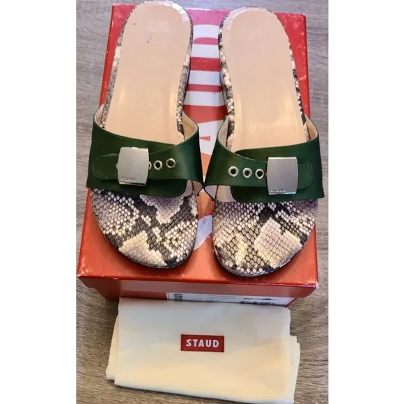STAUD Erin Python-Effect Leather Slides Cream Snake Dark Green Size US 9