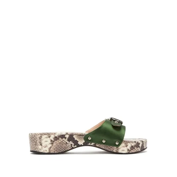 STAUD Erin Python-Effect Leather Slides Cream Snake Dark Green Size US 9
