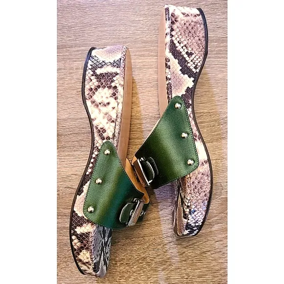 STAUD Erin Python-Effect Leather Slides Cream Snake Dark Green Size US 9