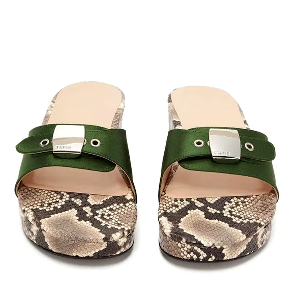 STAUD Erin Python-Effect Leather Slides Cream Snake Dark Green Size US 9