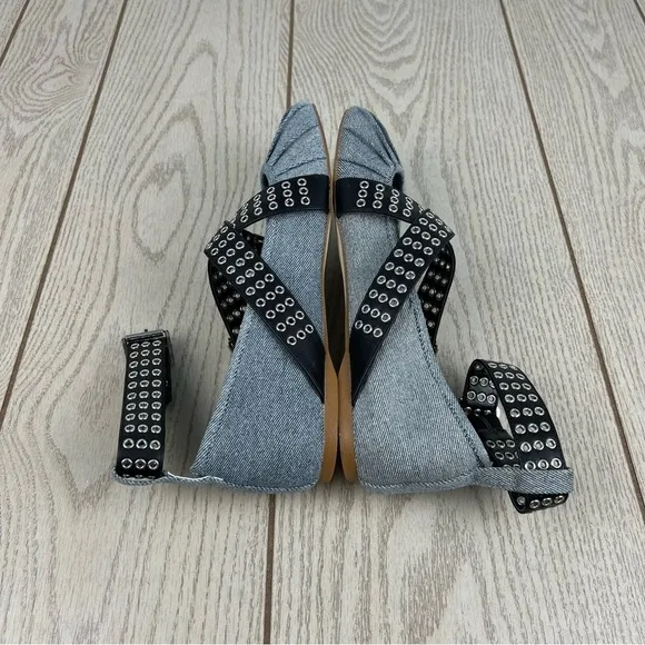 Steve Madden Bryar Wrap Ankle Strap Flats 10 Denim &amp; Black Faux Leather $90