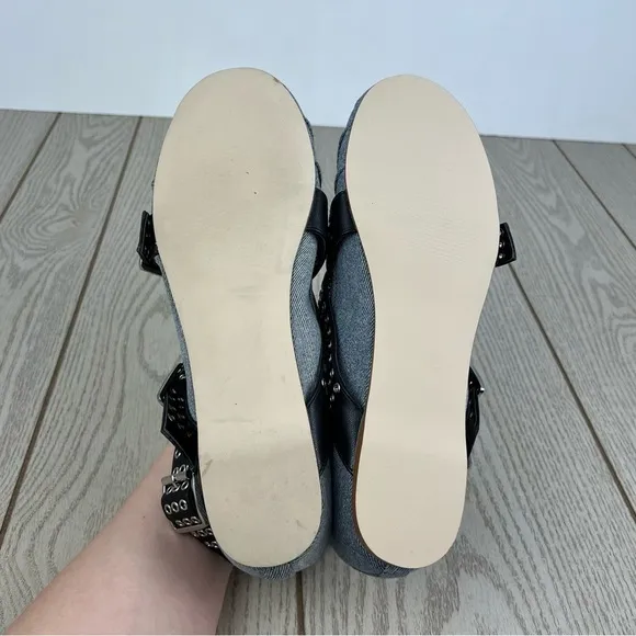 Steve Madden Bryar Wrap Ankle Strap Flats 10 Denim &amp; Black Faux Leather $90