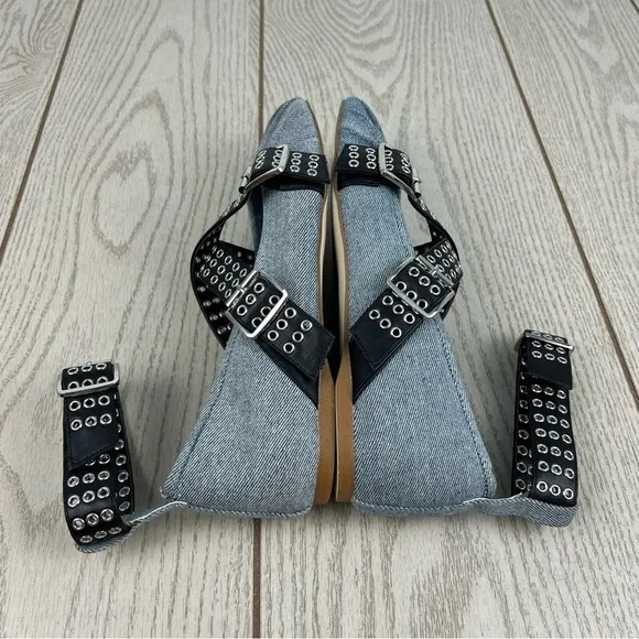 Steve Madden Bryar Wrap Ankle Strap Flats 10 Denim &amp; Black Faux Leather $90