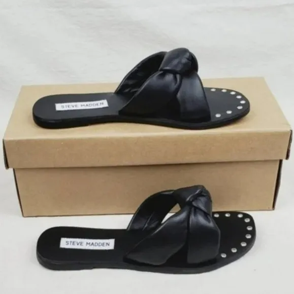 Steve madden marisole black leather knotted slide sandals