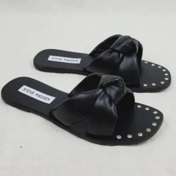 Steve madden marisole black leather knotted slide sandals