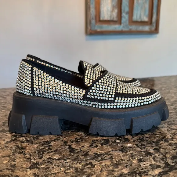 Steve Madden trifecta Black Rhinestone embellished platform Loafers NWOT