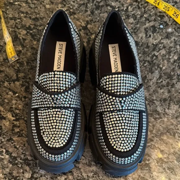 Steve Madden trifecta Black Rhinestone embellished platform Loafers NWOT