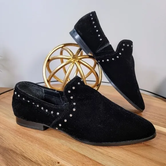 Steven Steve Madden Archie Loafers Black Velvet Studded Flats Size 6