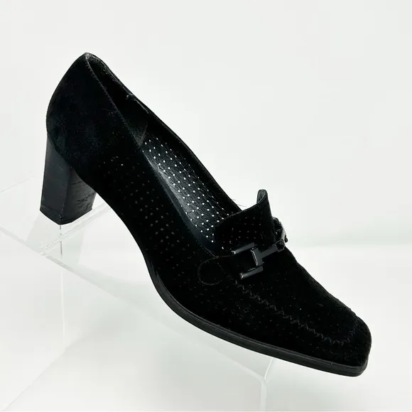 Stuart Weitzman Black Leather Square Tow Heeled Loafers Size 8 W Classic Dressy