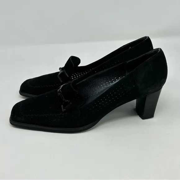 Stuart Weitzman Black Leather Square Tow Heeled Loafers Size 8 W Classic Dressy
