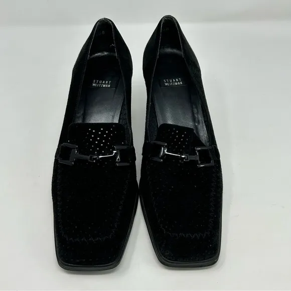 Stuart Weitzman Black Leather Square Tow Heeled Loafers Size 8 W Classic Dressy