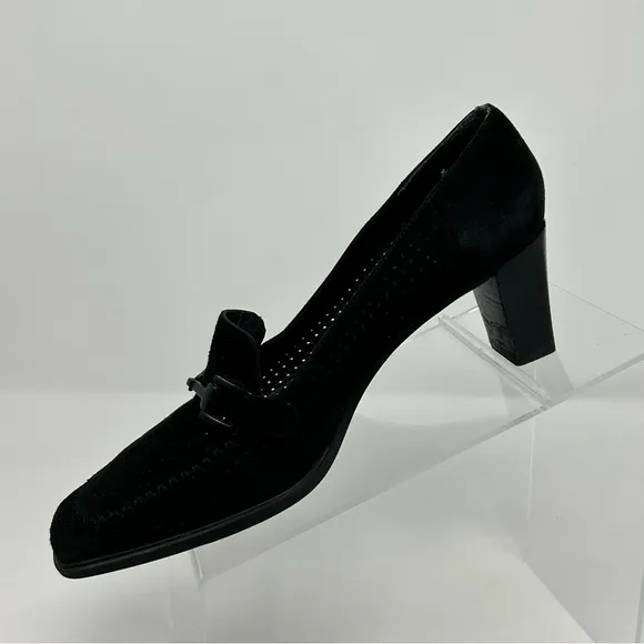 Stuart Weitzman Black Leather Square Tow Heeled Loafers Size 8 W Classic Dressy