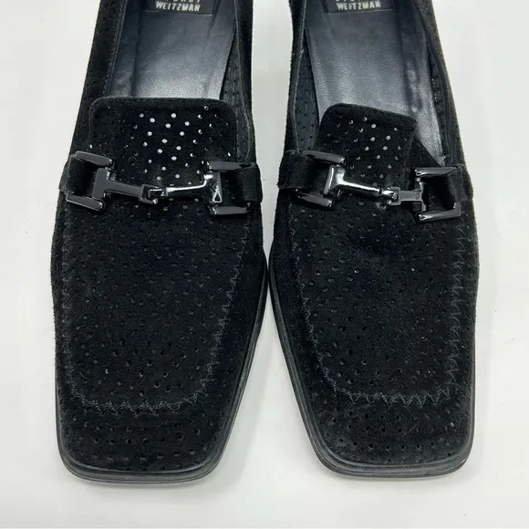 Stuart Weitzman Black Leather Square Tow Heeled Loafers Size 8 W Classic Dressy
