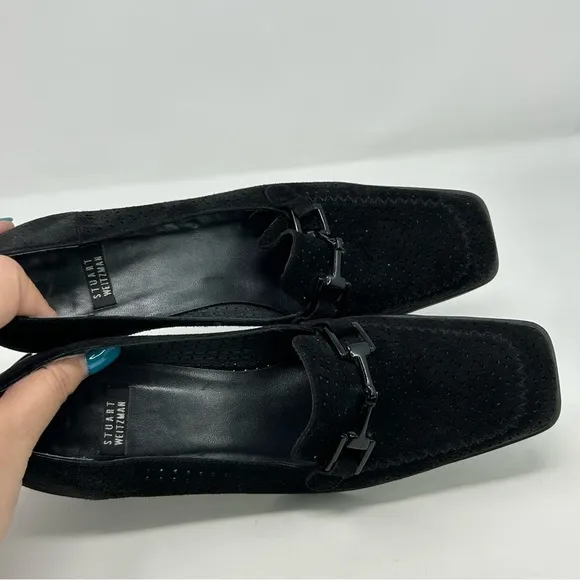 Stuart Weitzman Black Leather Square Tow Heeled Loafers Size 8 W Classic Dressy