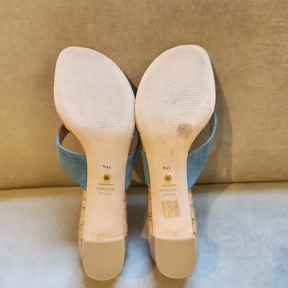 Stuart Weitzman Brigida 50 Suede Cork Thong Sandals in Light Blue Size 11.5 B