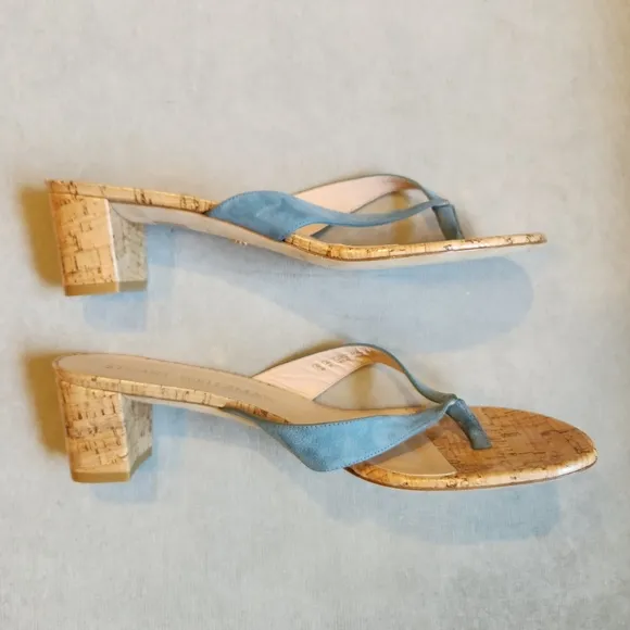 Stuart Weitzman Brigida 50 Suede Cork Thong Sandals in Light Blue Size 11.5 B
