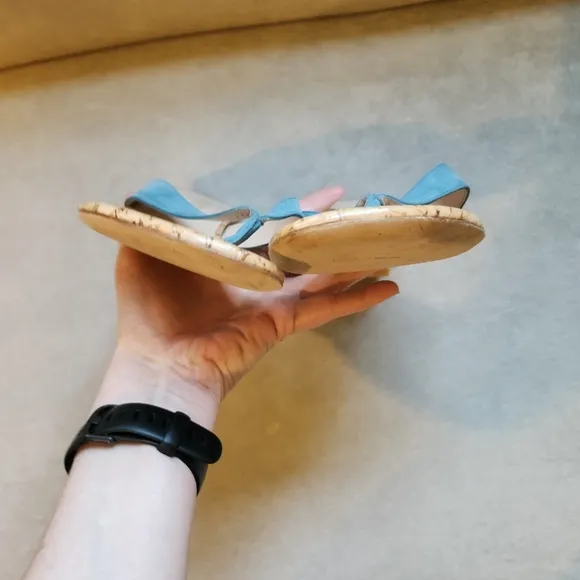 Stuart Weitzman Brigida 50 Suede Cork Thong Sandals in Light Blue Size 11.5 B