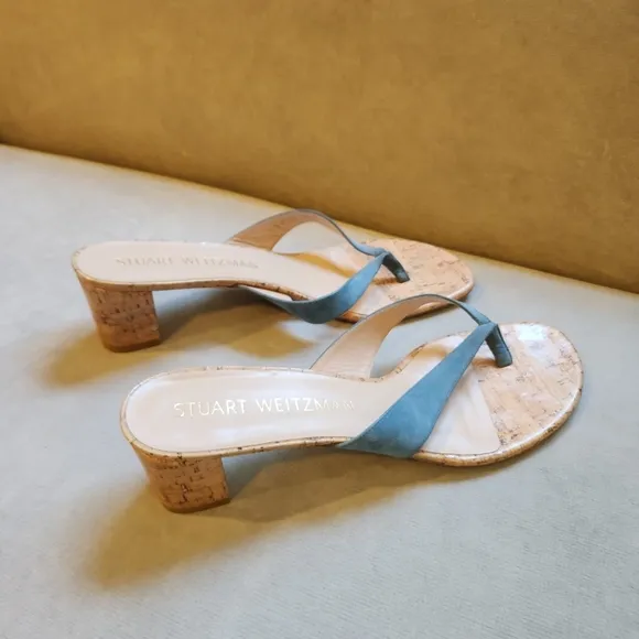 Stuart Weitzman Brigida 50 Suede Cork Thong Sandals in Light Blue Size 11.5 B