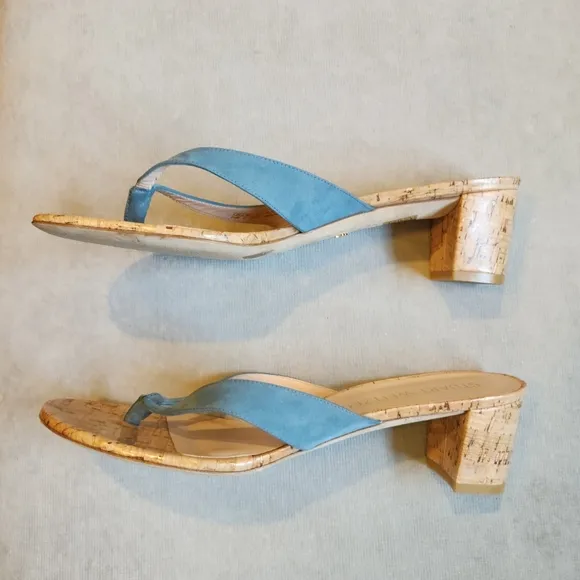 Stuart Weitzman Brigida 50 Suede Cork Thong Sandals in Light Blue Size 11.5 B