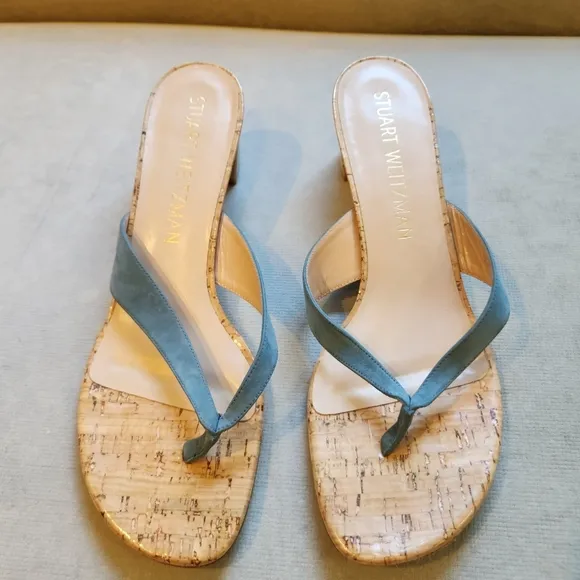 Stuart Weitzman Brigida 50 Suede Cork Thong Sandals in Light Blue Size 11.5 B