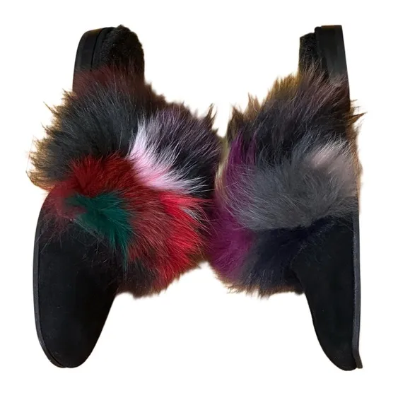 Stuart Weitzman Furgetit Fox Fur Flats Multicolored Mules