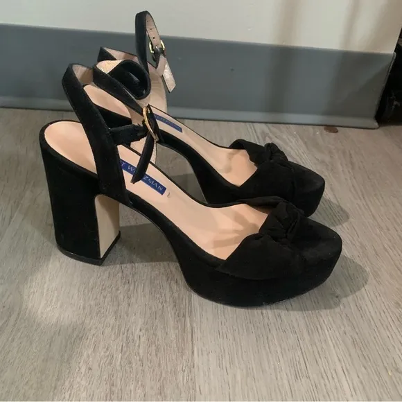 Stuart Weitzman Heels Mirri Knotted Block Sandals in Black Suede