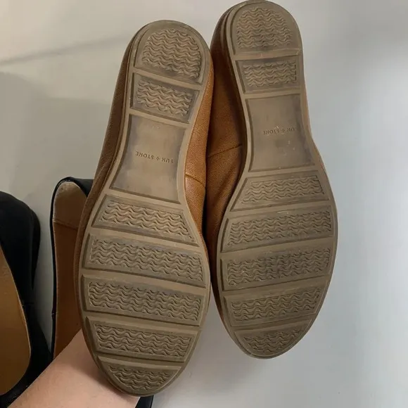 Sun &amp; stone eliana black and cognac faux leather ballet flats lot basic neutral
