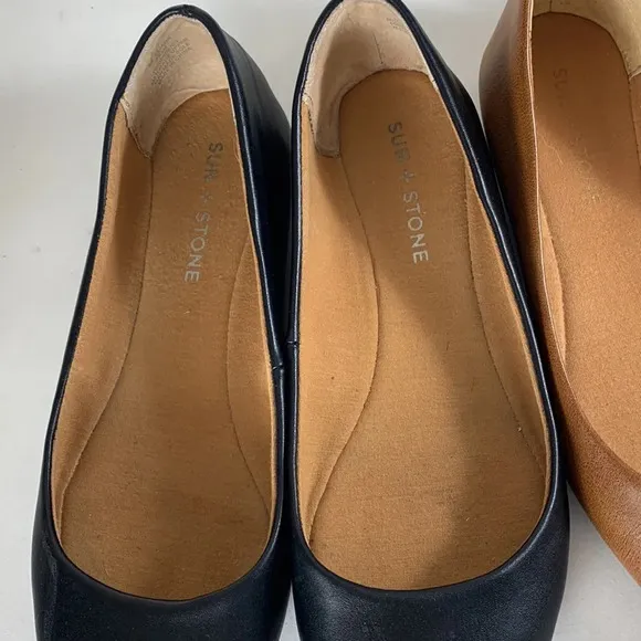 Sun &amp; stone eliana black and cognac faux leather ballet flats lot basic neutral