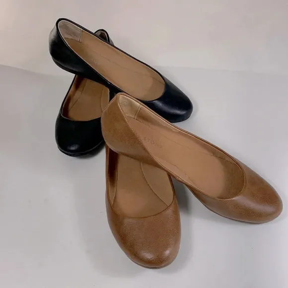 Sun &amp; stone eliana black and cognac faux leather ballet flats lot basic neutral