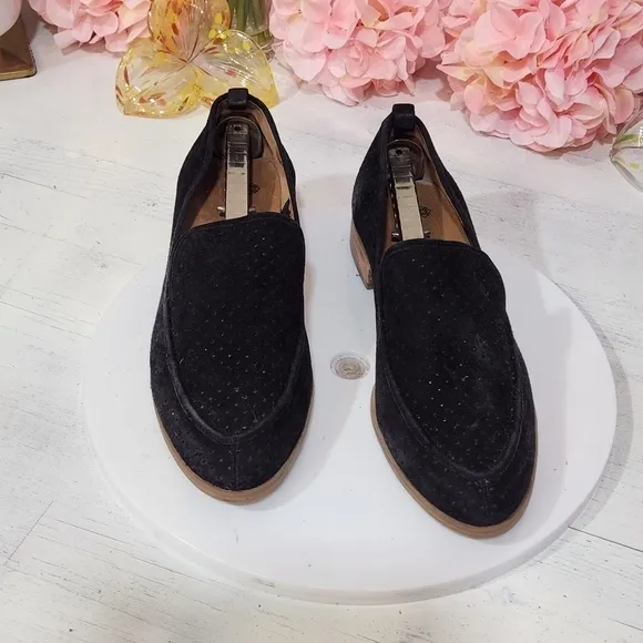 SUSINA Black Perforated Suede Leather Loafers Shoes Flats Size 9M
