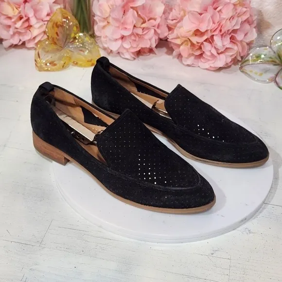 SUSINA Black Perforated Suede Leather Loafers Shoes Flats Size 9M