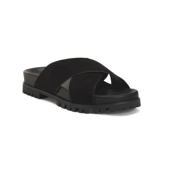 TAMARA MELLON Black Made In Spain Suede Dwell Cross Band Sandals